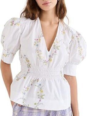 GANNI ! Organic Cotton Ruffled printed poplin puff sleeve v-neck  Blouse( EU 36)
